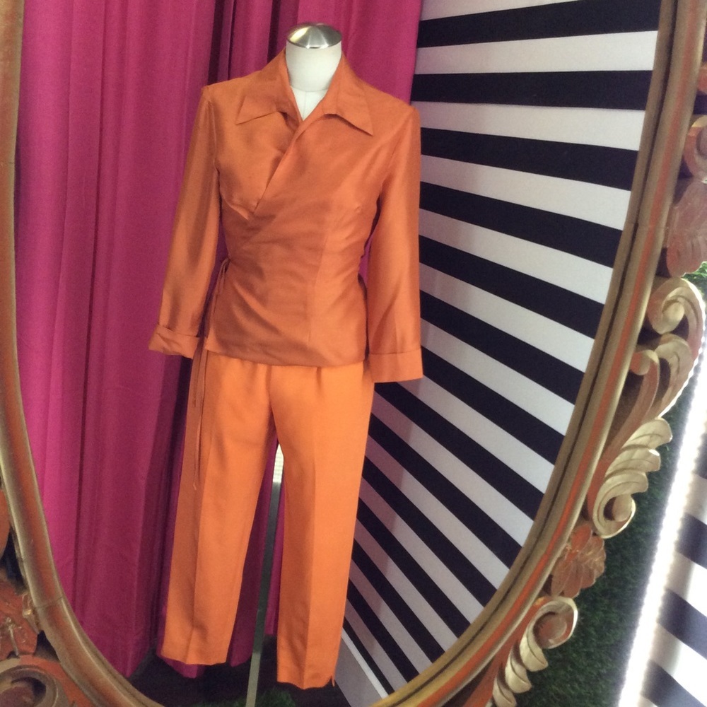 Vintage ICE 100% Silk Orange Metallic Wrap Blouse